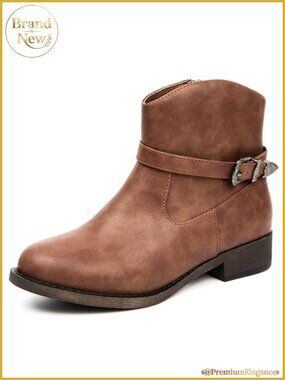 Faux Leather Western Ankle Boots Low Chunky Heel Side Zipper